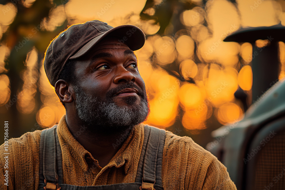 Fototapeta premium Farmer enjoys a peaceful moment at sunset in a rural field near a vintage tractor