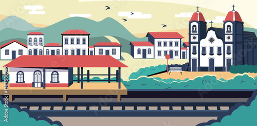Parallax of an ancient town inspired by Brazilian cities. This parallax contains colonial houses, a baroque church in a square, a train station and gentle hills.