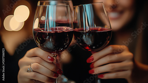 Two friends raise their glasses filled with red wine, celebrating a special occasion during an evening gathering in a cozy setting