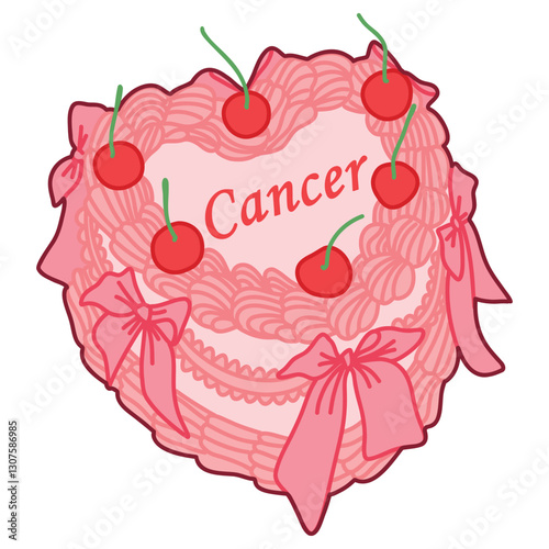 Heart-Shaped Pink Cake Illustration with Ribbons and Cherries