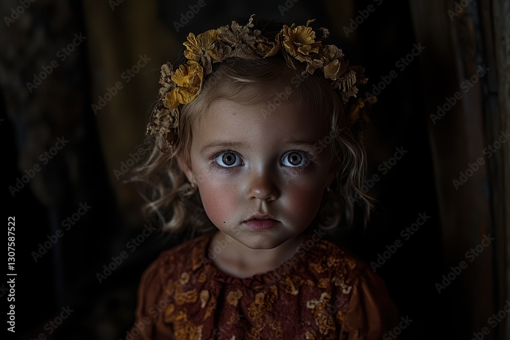 Fototapeta premium A young girl with striking blue eyes wears a floral crown and gazes quietly in a softly lit space