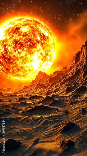 Blazing sun over a burning alien landscape with molten rock and extreme heat. Concept of planetary destruction and apocalyptic scenarios