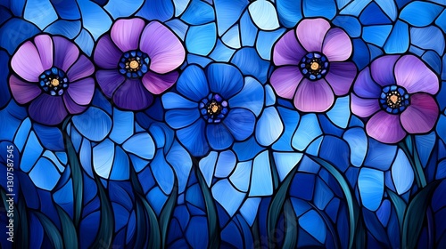 Serene Purple Flowers Blue Stained Glass Mosaic Art. AI Generated