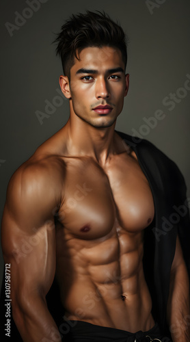 Muscular Athletic Male Model Fitness Portrait Dramatic Lighting Fitness Physique Strong Masculine Wellness Body Transformation Aesthetic Fitness