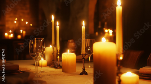 Candlelit Dinner Setup with Multiple Candles on White Table - Romantic and Elegant Design