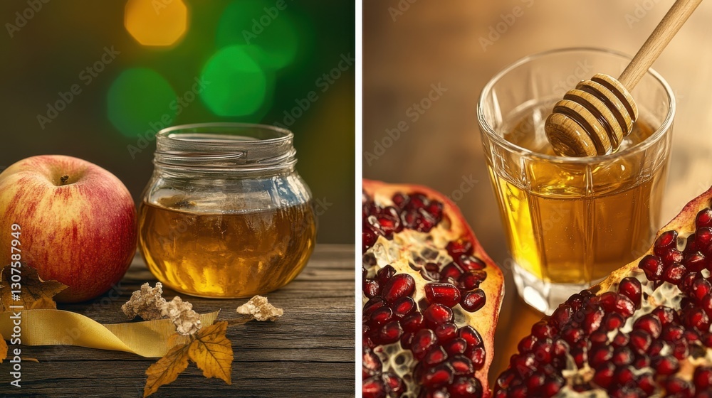 A beautiful composition of fresh apples and pomegranates with honey, representing nature’s bounty, sweetness, and the connection between healthy eating and human satisfaction. A beautiful composition of fresh apples and pomegranates with honey, representing nature’s bounty, sweetness, and the connection between healthy eating and human satisfaction.