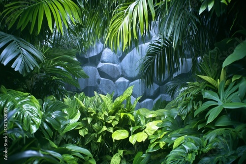 A lush jungle scene with an agouti foraging near a waterfall photo