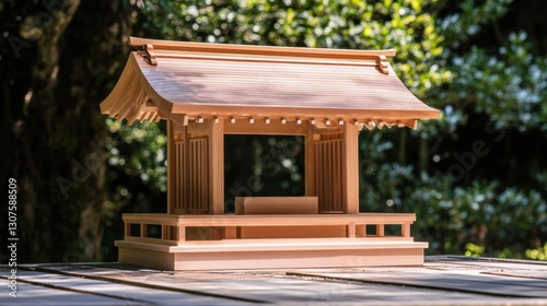 Small Japanese shrine-like structure outdoors, tranquil garden setting photo