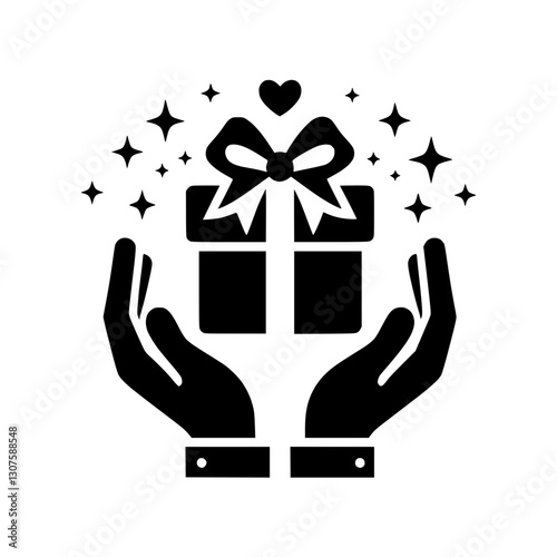 Silhouette icon of hands holding a gift box with stars, symbolizing generosity and celebration