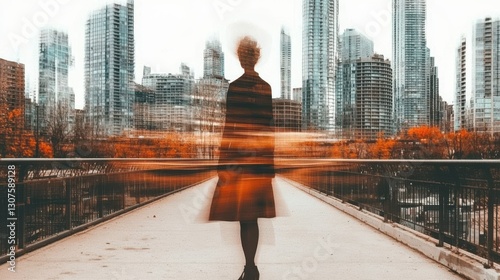 A silhouetted figure stands against a blurred urban skyline, capturing a moment of solitude and reflection amid a bustling city environment, exploring themes of identity and introspection.
