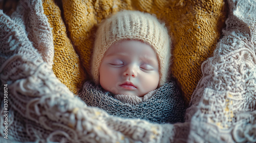 Obraz na płótnie Peaceful infant nestled in soft, textured knits, wearing delicate cream beanie, eyes softly closed in serene slumber w salonie