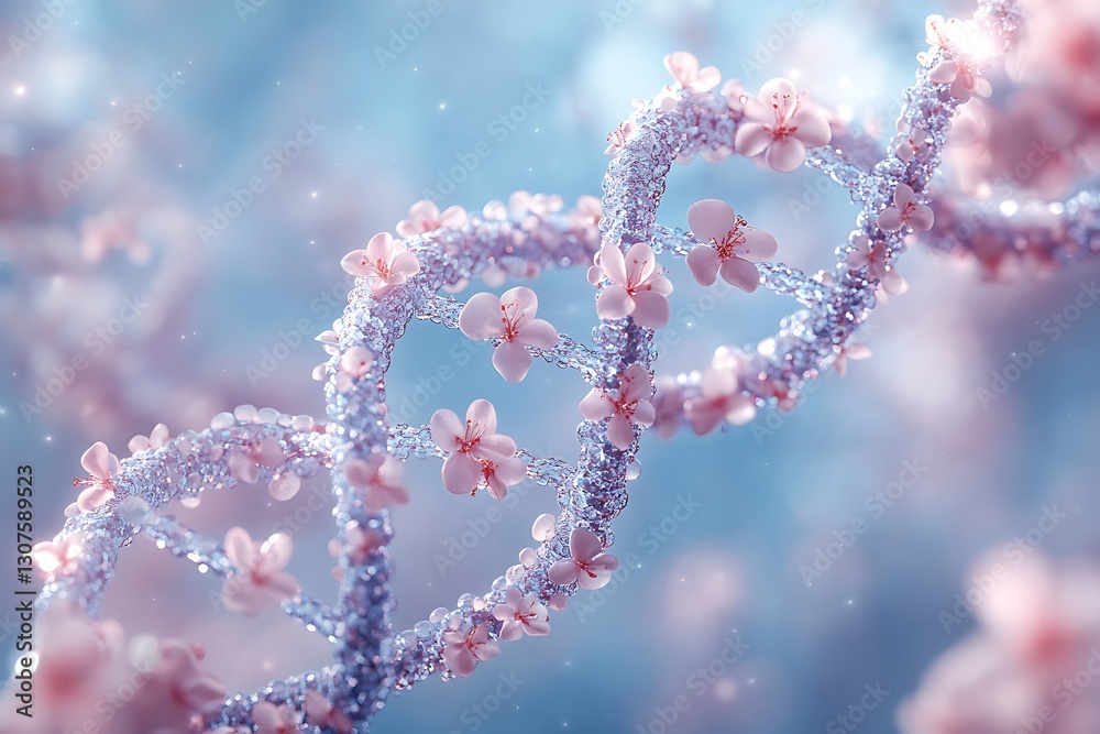 Stunning 3D Render of DNA Strand Adorned with Delicate Pink Blossoms Stunning 3D Render of DNA Strand Adorned with Delicate Pink Blossoms