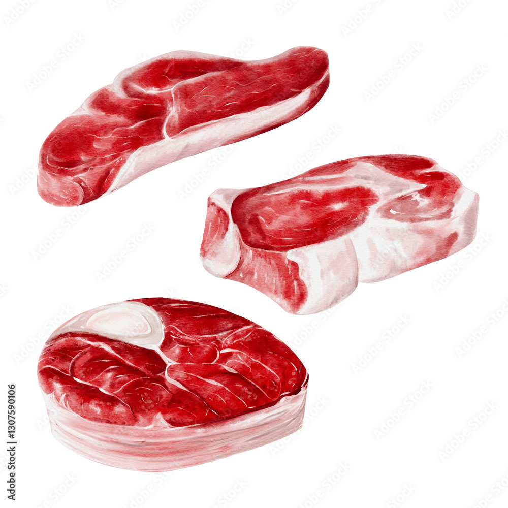 Meat steaks from beef, pork and lamb. Raw red meat. Watercolor illustration isolated from the background. Set with raw meat for barbecue. Menu, assortment, advertising, meat department in the store Meat steaks from beef, pork and lamb. Raw red meat. Watercolor illustration isolated from the background. Set with raw meat for barbecue. Menu, assortment, advertising, meat department in the store