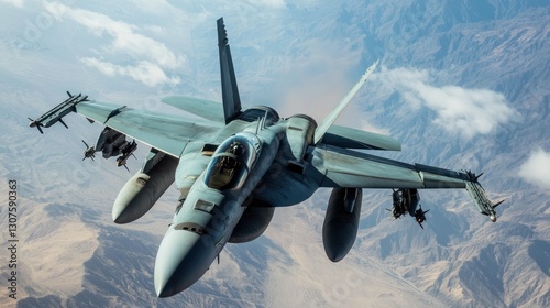 Military jet soaring over desert mountains photo
