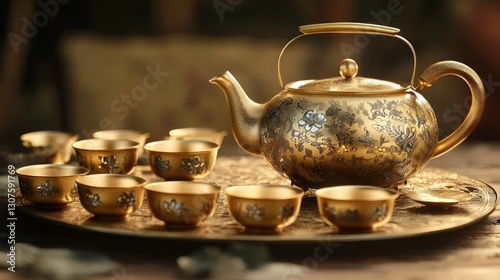 Golden tea set on ornate tray,  vintage style,  dark background photo