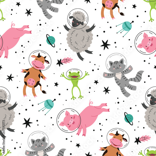 Kids space pattern.Animals in space.Seamless pattern,Flat vector illustration in cartoon style
