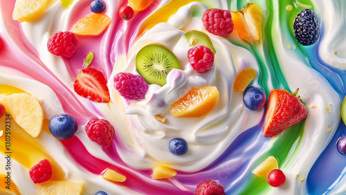 A vibrant and colorful depiction of yogurt swirling with different fruits and textures in a dynamic composition.