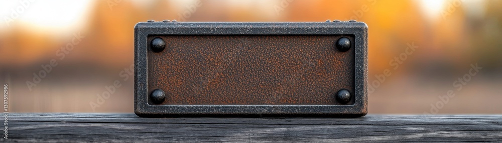 A rustic plaque resting on a wooden surface, surrounded by a blurred autumn background, showcasing warm colors and a tranquil atmosphere.