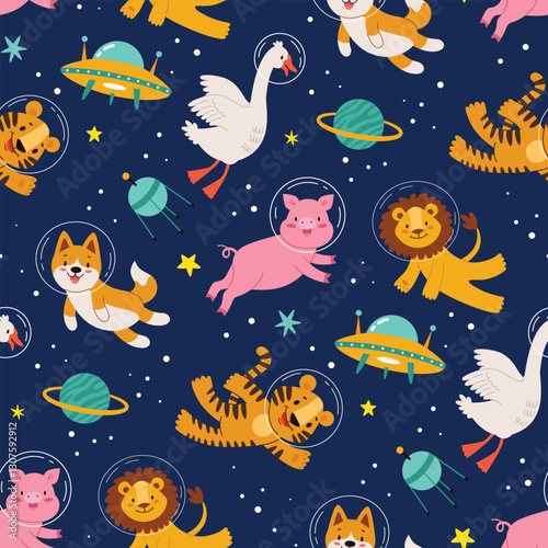 Kids space pattern.Animals in space.Seamless pattern,Flat vector illustration in cartoon style