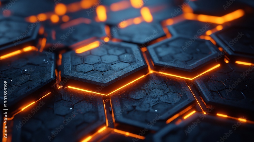 Fototapeta premium Glowing orange hexagons powerfully arranged dark metallic surface. AI Generated