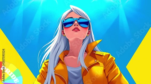 Wallpaper Mural Stylish woman with long white hair, wearing yellow jacket and blue sunglasses, against vibrant yellow and blue background.Seamless looping time lapse animation video background, lo-fi art. Torontodigital.ca