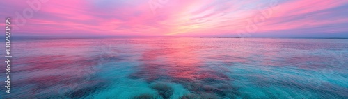 A stunning sunset over calm waters, showcasing vibrant pink and blue hues, creating a serene and tranquil coastal landscape.