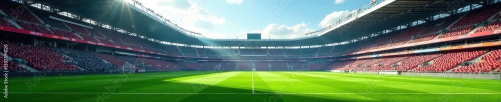 Daytime view, green field, towering stadium stands, stands, grass, view Daytime view, green field, towering stadium stands, stands, grass, view
