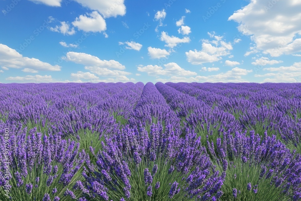 Naklejka premium Lavender fields stretch under a bright blue sky on a sunny day in summer