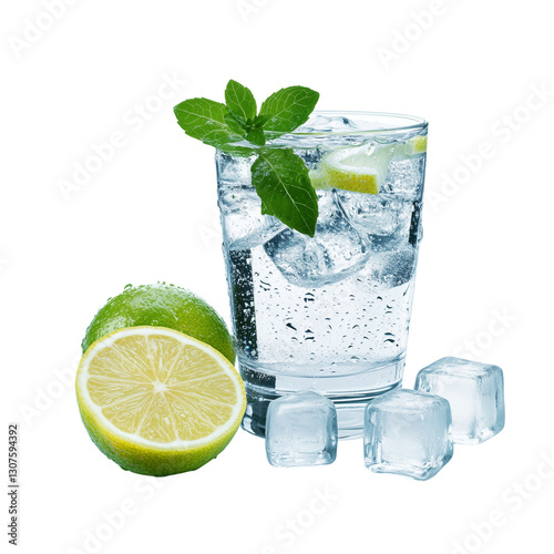Glass of Water with Ice Cubes, Lemon Slice, and Condensation Droplets on White Background - Refreshing and Clean Design