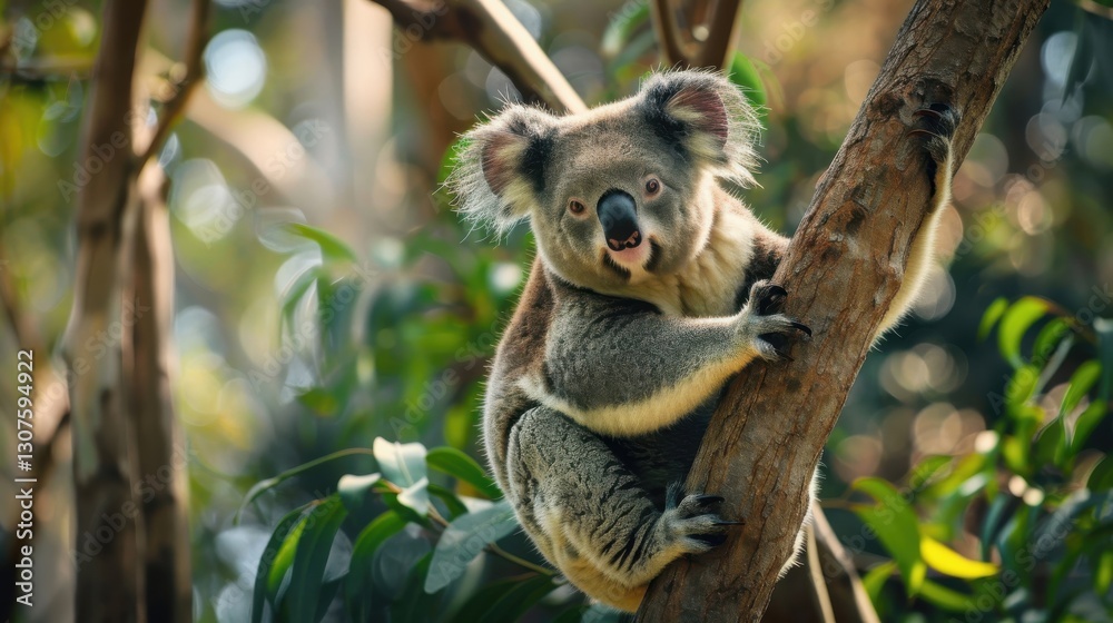 Fototapeta premium Koala bear enjoys a peaceful moment on a eucalyptus tree branch in the Australian forest