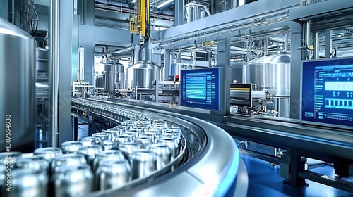 A modern, high-tech factory with stainless steel machinery and blue accents.