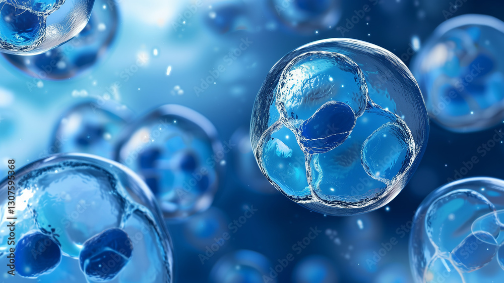 Fototapeta premium This Pluripotent stem cells are displayed in a vibrant blue environment, highlighting their potential.