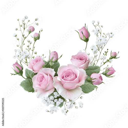 Corner Floral Arrangement with Pink Roses, Eustoma, and Gypsophila Flowers Isolated on White or Transparent Background - Elegant and Romantic Design