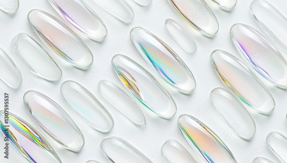 A pattern of softgels in transparent packaging, arranged on a white background. A pattern of softgels in transparent packaging, arranged on a white background.