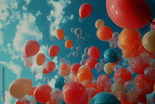 Colorful Balloons Soar in a Bright Blue Sky With Fluffy Clouds During a Festi...