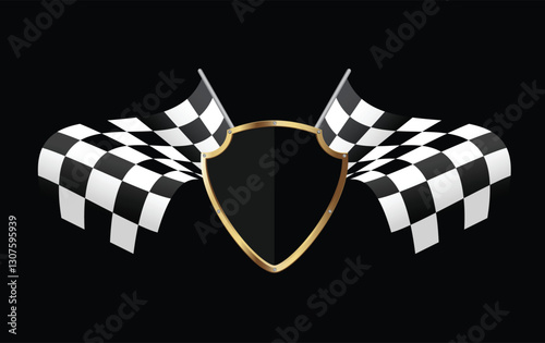 Golden Shield and Checkered Racing Flag Against Dark Background. Racing vector illustration.