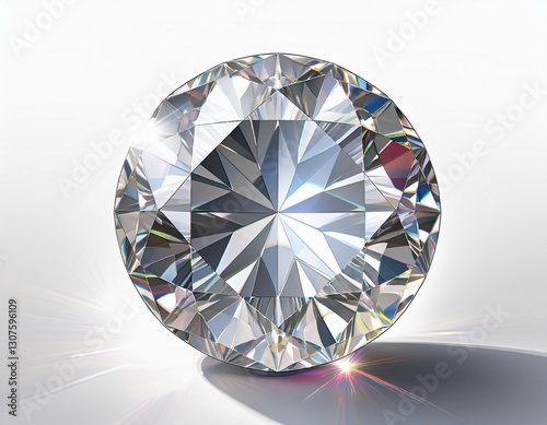sparkling light round brilliant cut diamond with shadow and glowing lens flares 3d rendering illustration isolated on white background photo