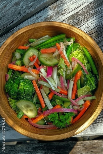 Fresh Vegetable Salad Served in a Wooden Bowl on a Rustic Table in Natural Light
