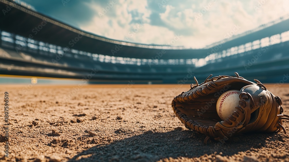 Obraz premium Cinematic wide shot of a baseball glove and ball on the ground in an empty stadium.