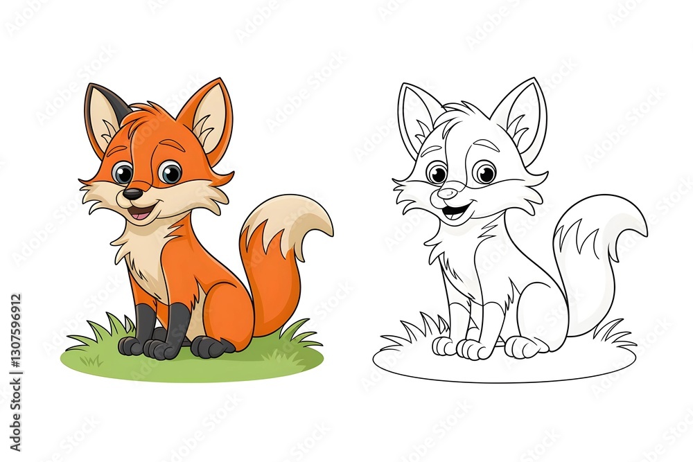 Obraz premium Charming Fox Illustration with Coloring Page