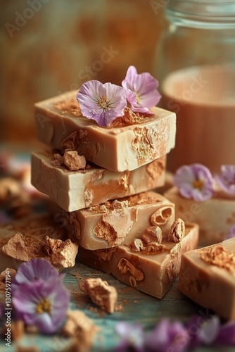 Colorful Handmade Soaps Arranged on Bamboo Mat With Flowers in Natural Setting