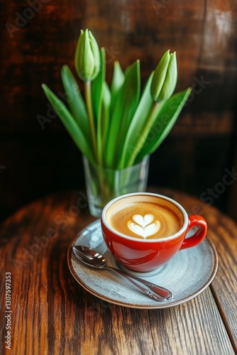 Coffee Cup With Heart Design Alongside Vibrant Tulips in a Bright Setting