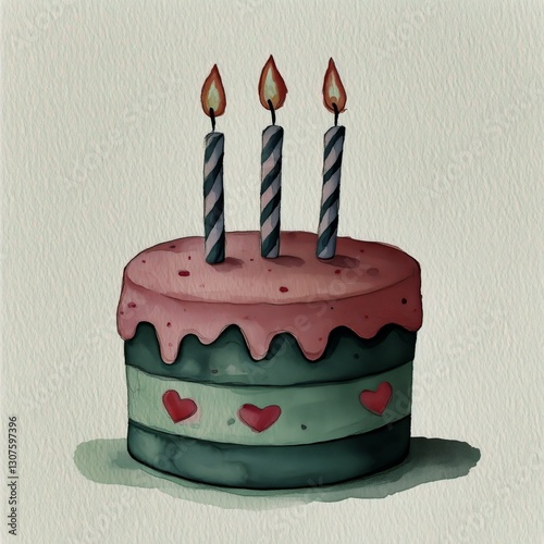 Colorful Birthday Cake With Three Candles and Heart Decorations Celebrates a ...