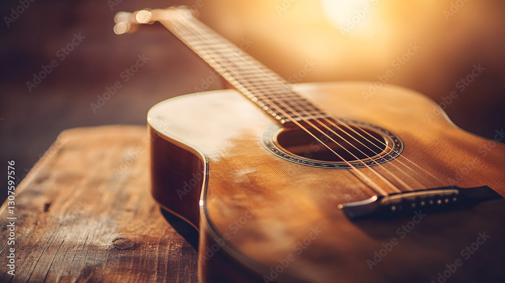 Fototapeta premium Close-up of acoustic guitar on wooden surface, warm lighting, showcasing musical instrument detail, representing music, melody, and artistry
