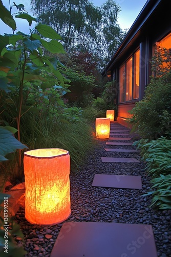 Garden Path Illuminated by Lanterns at Dusk Near a Cozy Home