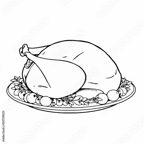 black outline vector of a whole roasted turkey on a platter with herbs
