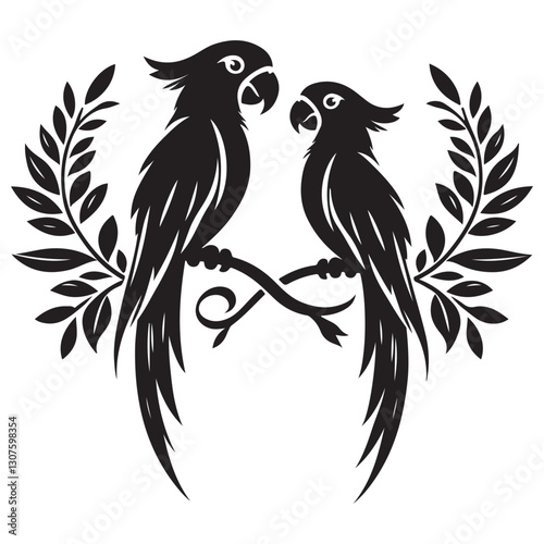 Charming Parrot Couple Silhouette Vector Illustration with Foliage Decor
