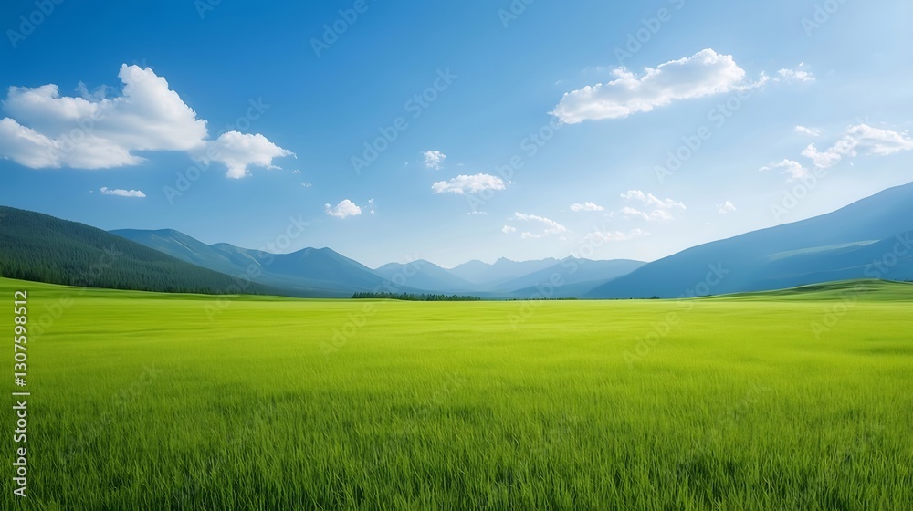 Sunny mountain meadow, green field, blue sky, travel poster Sunny mountain meadow, green field, blue sky, travel poster