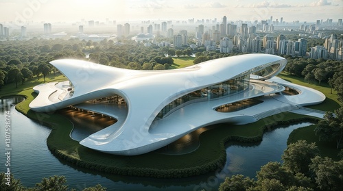 Wallpaper Mural Futuristic White Architectural Masterpiece with Flowing Organic Curves – Aerial Urban View Torontodigital.ca