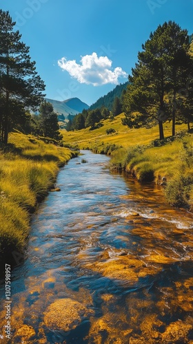 Scenic River Winding Through Lush Green Fields Under a Bright Blue Sky With F...